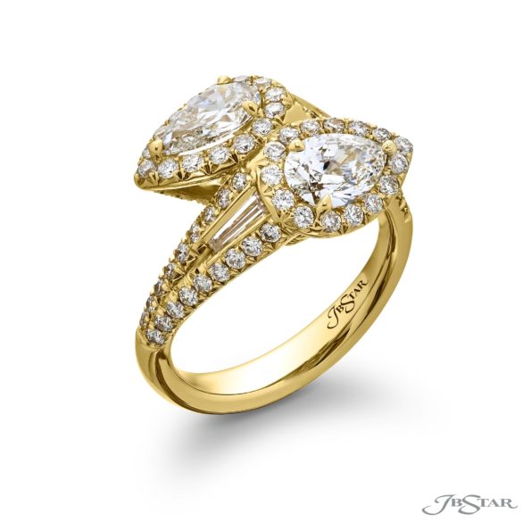 JB STAR'S SIGNATURE CERTIFIED TWOGETHER DIAMOND RING. THESE GIA CERTIFIED PEAR-SHAPED DIAMONDS ACCOMPANIED BY SHIMMERING TAPERED BAGUETTE AND MICRO PAVE DIAMONDS ARE HANDCRAFTED IN 18KY GOLD.