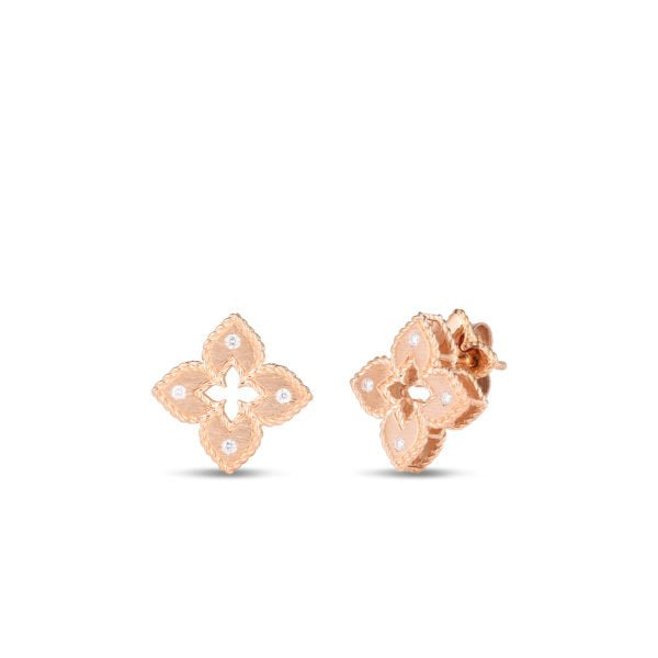 18K ROSE GOLD PETITE VENETIAN PRINCESS EXTRA SMALL SATIN & DIAMOND ACCENT FLOWER EARRINGS