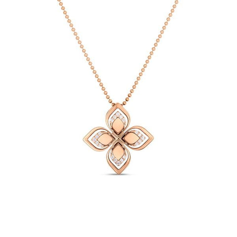 18K ROSE GOLD VENETIAN PRINCESS OPEN FRAME DIAMOND FLOWER NECKLACE