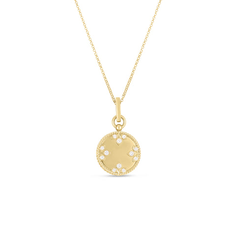 18K YELLOW GOLD MEDALLION CHARMS SMALL DIAMOND NECKLACE