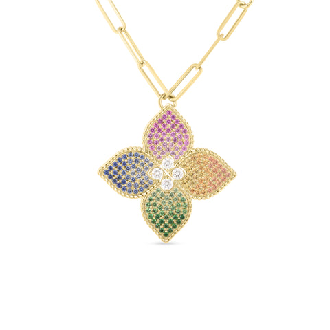 18K YELLOW GOLD VENETIAN PRINCESS DIAMOND & MIXED SAPPHIRE FLOWER LONG NECKLACE