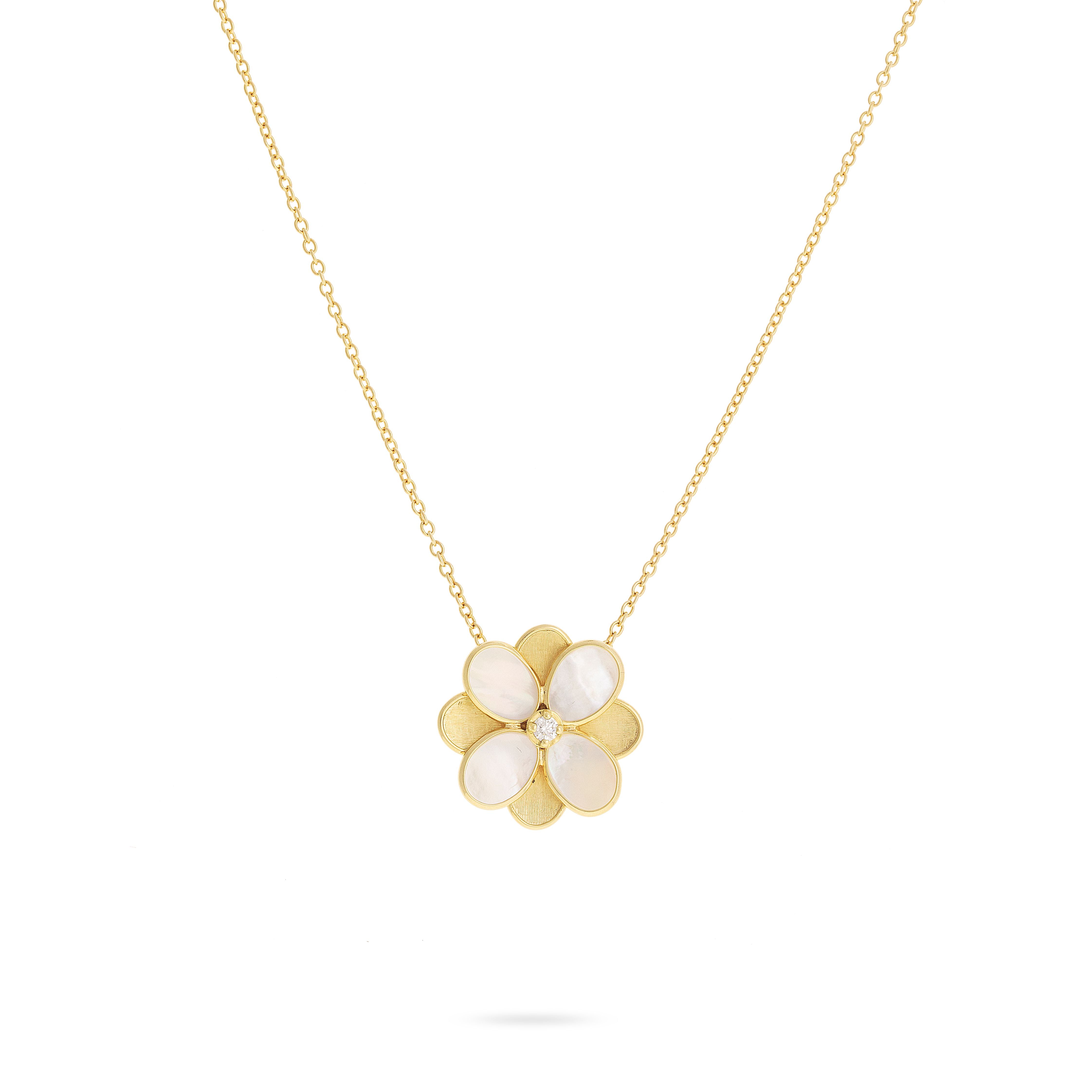 18K YELLOW GOLD MOTHER-OF-PEARL DIAMOND FLOWER NECKLACE