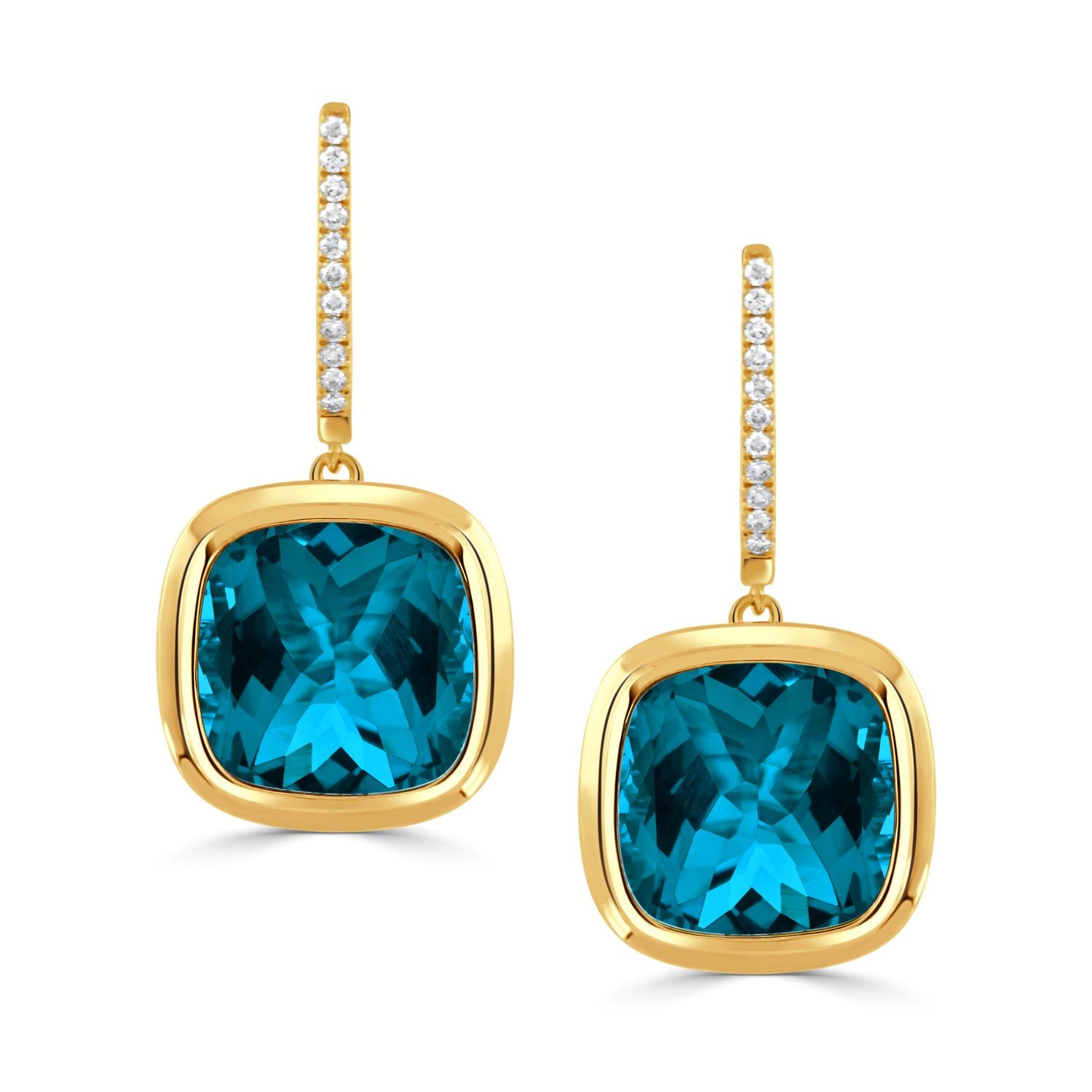 18K YELLOW GOLD DIAMOND EARRING WITH LONDON BLUE TOPAZ CENTER