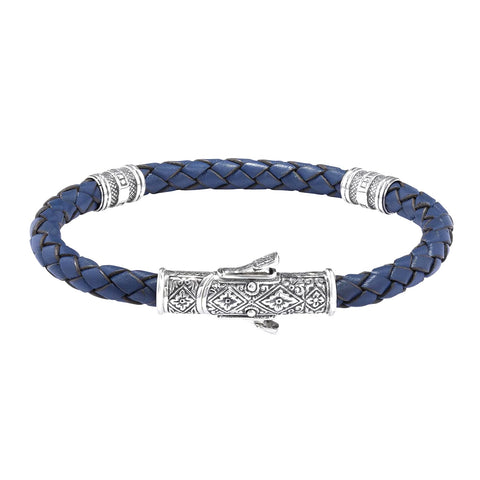 MENS STERLING SILVER AND BLUE LEATHER BRACELET