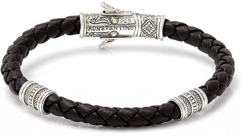 MENS STERLING SILVER AND BLACK LEATHER BRACELET