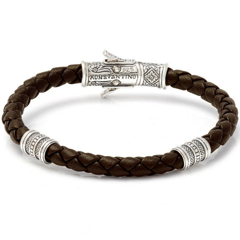 MENS KONSTANTINO STERLING SILVER AND BRAIDED BROWN LEATHER BRACELET