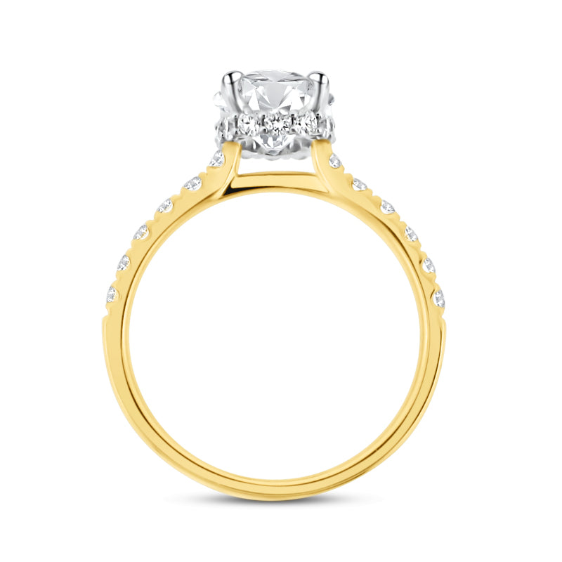 18K YELLOW AND WHITE GOLD LABGROWN OVAL BRILLIANT DIAMOND RING WITH HIDDEN HALO