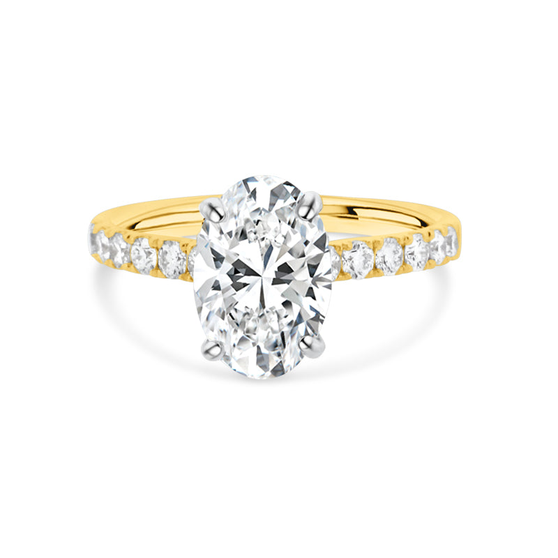 18K YELLOW AND WHITE GOLD LABGROWN OVAL BRILLIANT DIAMOND RING WITH HIDDEN HALO