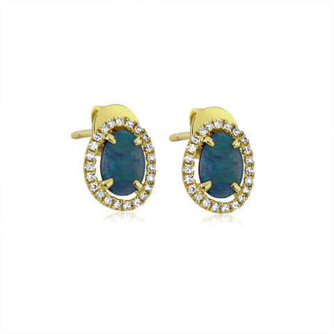 14K YELLOW GOLD OPAL AND DIAMOND STUDS