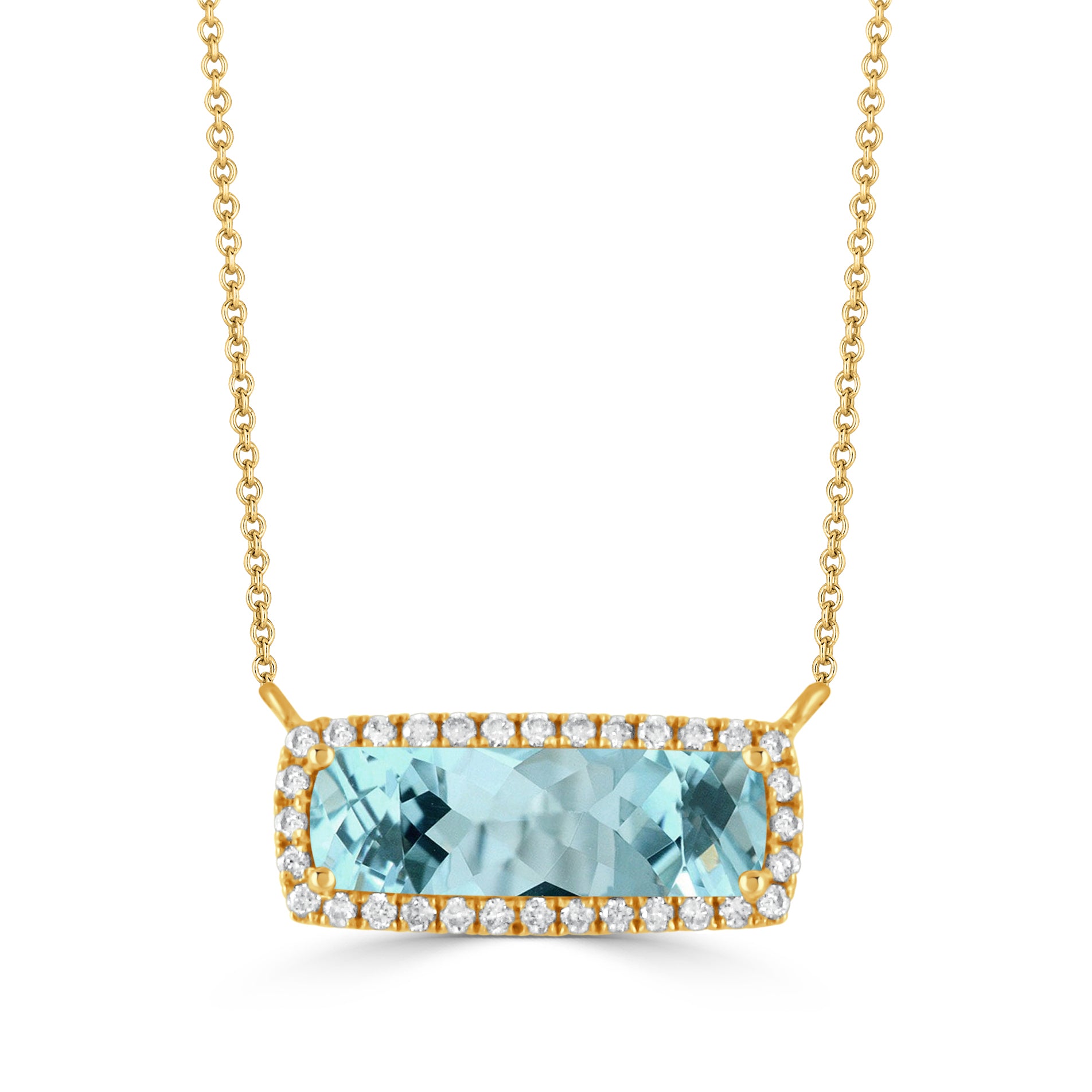 18K YELLOW GOLD DIAMOND NECKLACE WITH SKY BLUE TOPAZ CENTER