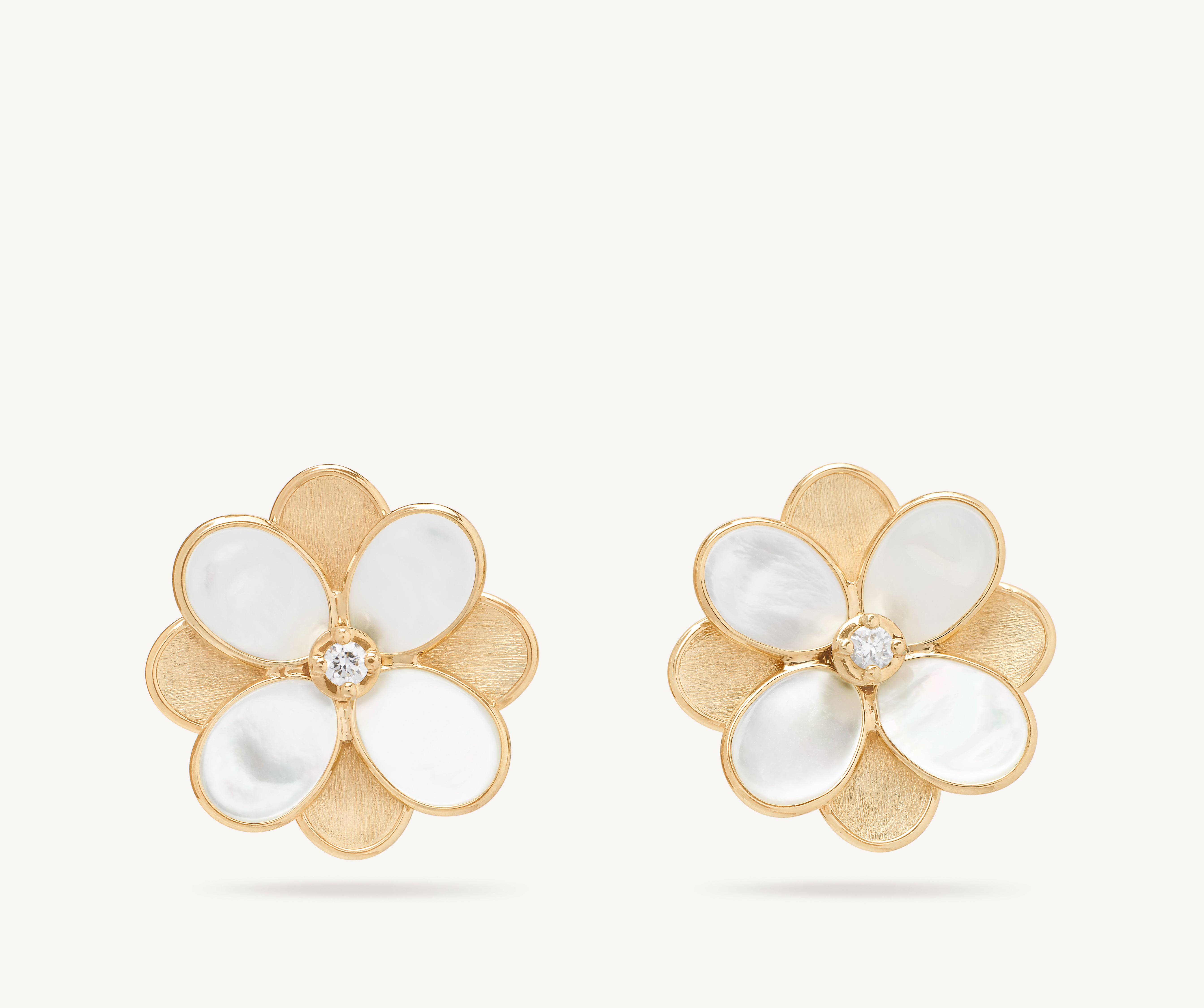 18K YELLOW GOLD WHITE MOTHER OF PEARL AND DIAMOND FLOWER STUD EARRINGS