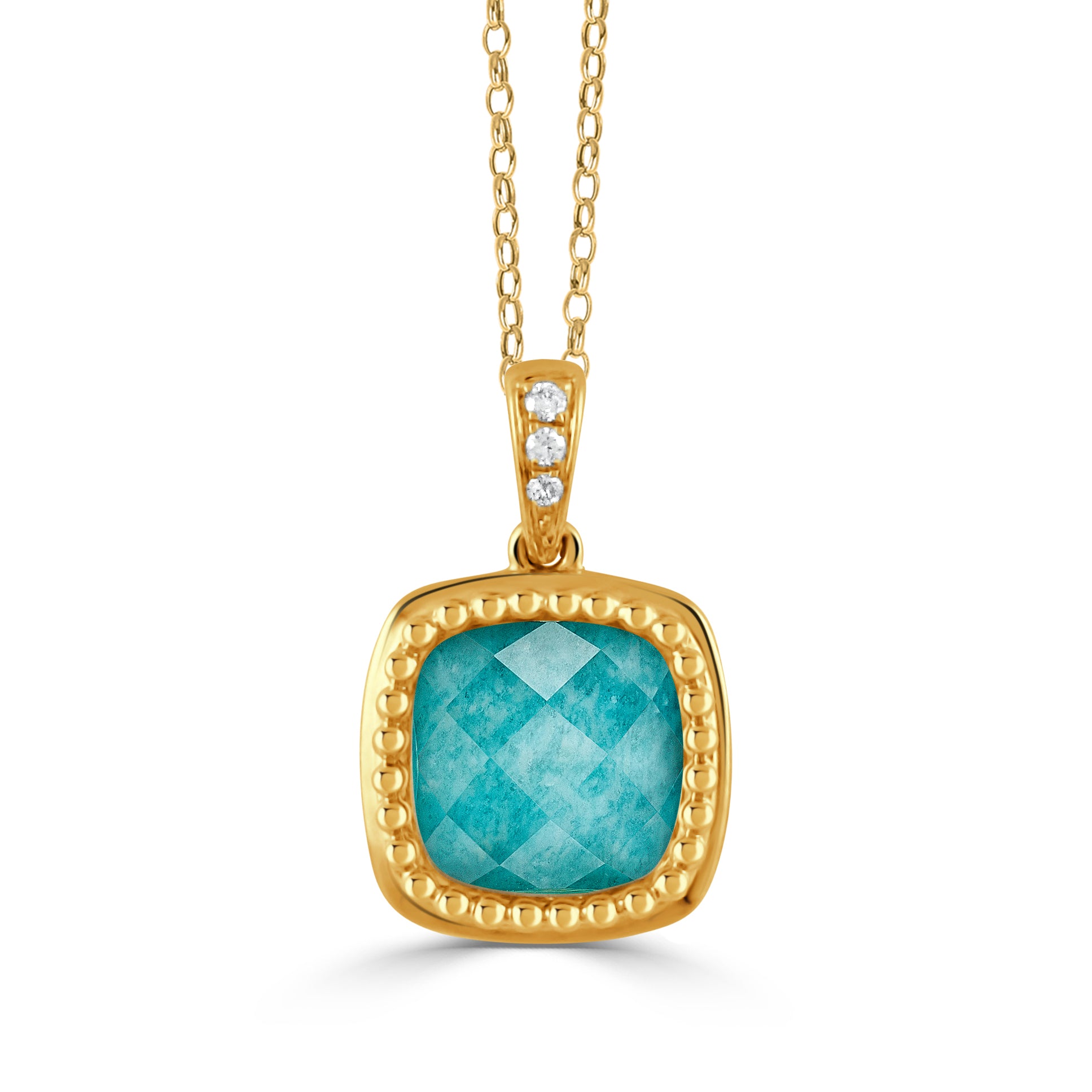 18K YELLOW GOLD DIAMOND PENDANT WITH CLEAR QUARTZ OVER AMAZONITE