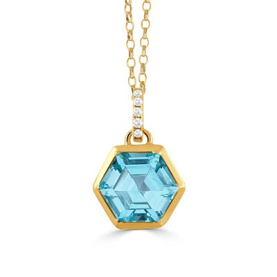 18K YELLOW GOLD DIAMOND PENDANT WITH SKY BLUE TOPAZ