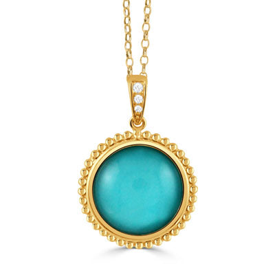 18K YELLOW GOLD DIAMOND AND CLEAR QUARTZ OVER TURQUOISE NECKLACE