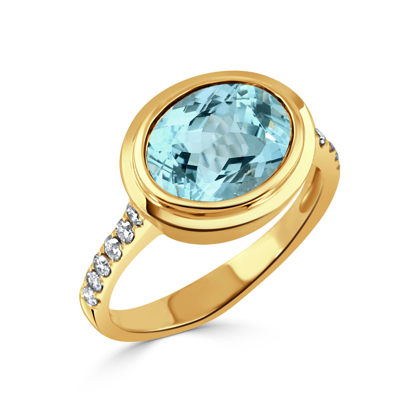 18K YELLOW GOLD DIAMOND RING WITH SKY BLUE TOPAZ CENTER