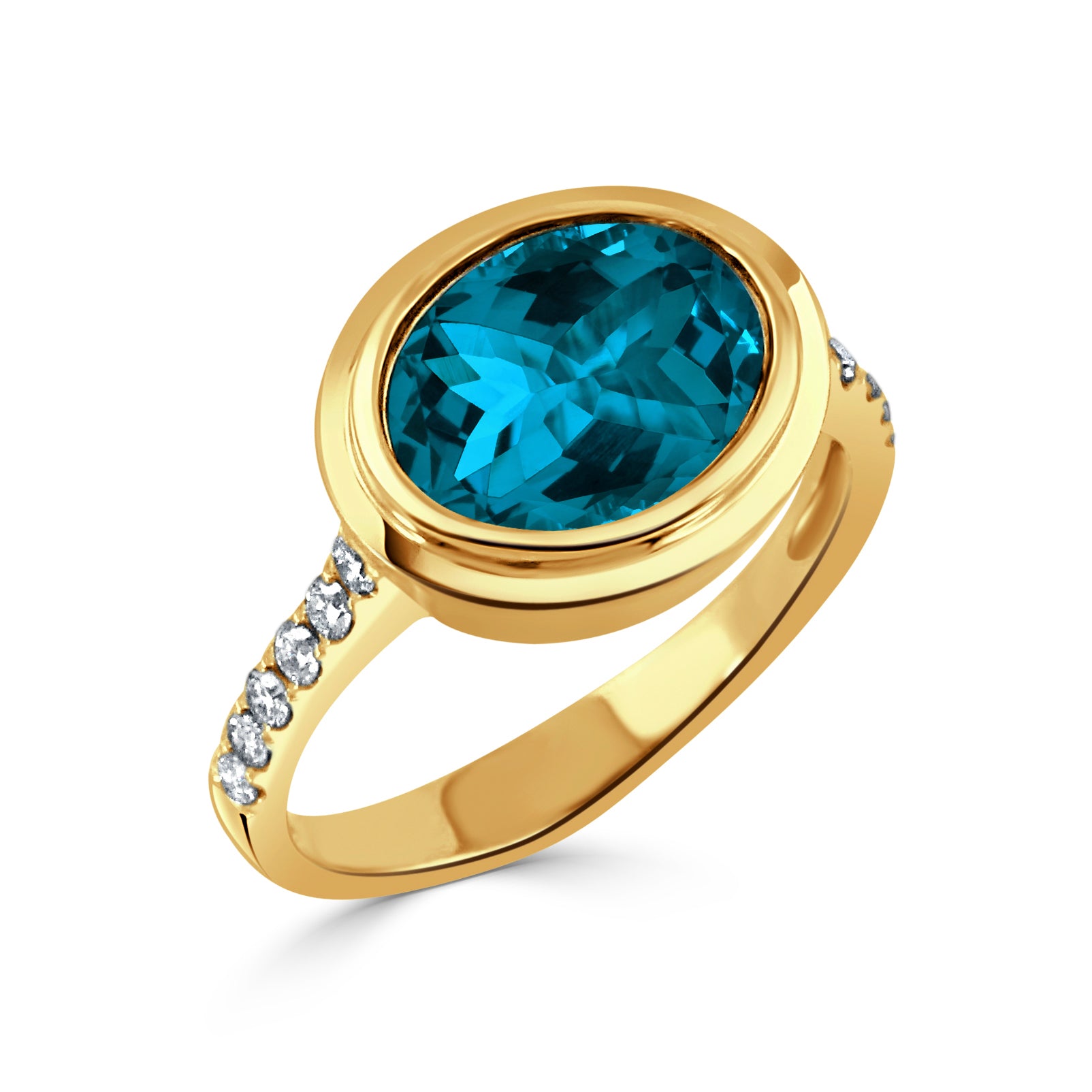 18K YELLOW GOLD DIAMOND RING WITH LONDON BLUE TOPAZ CENTER