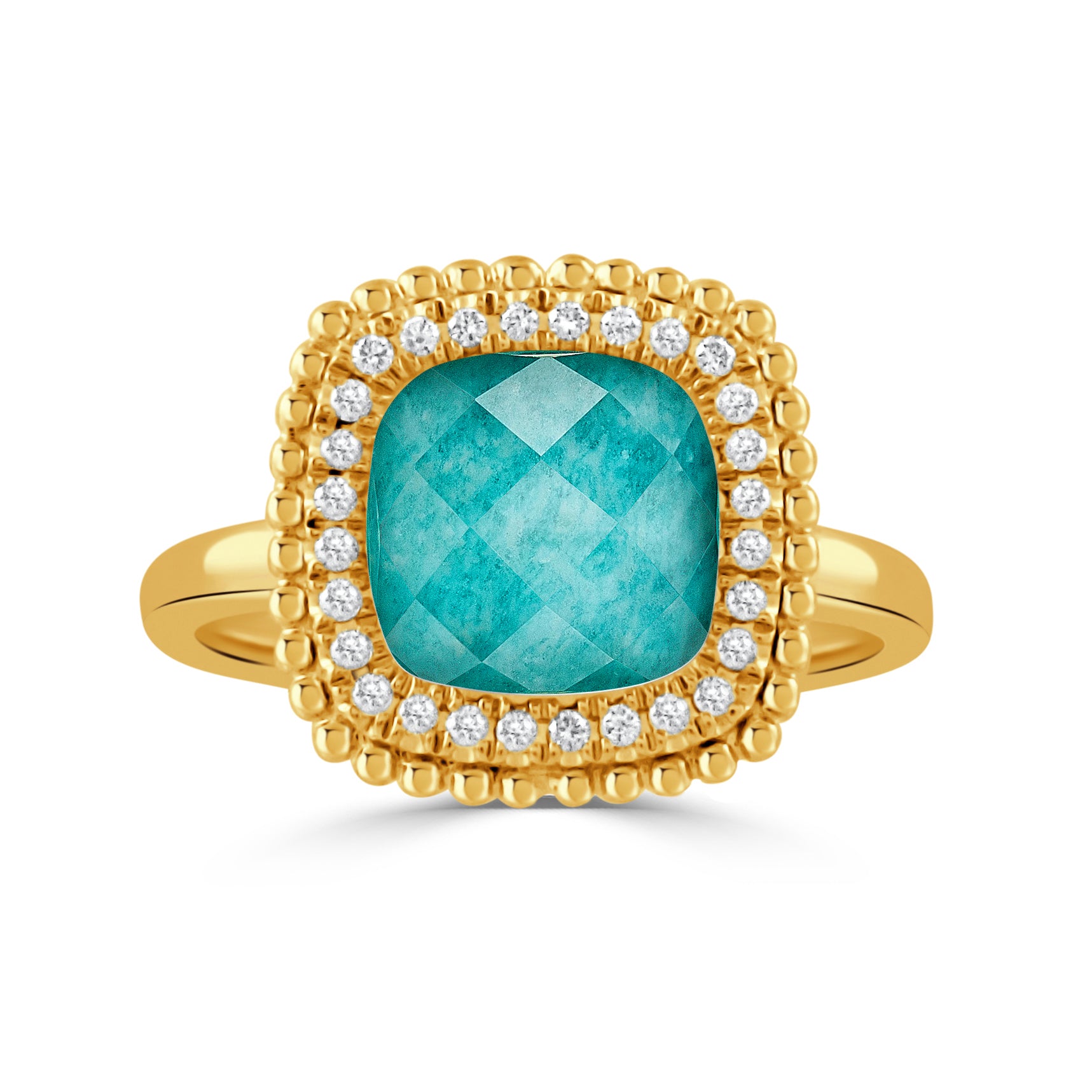 18K YELLOW GOLD DIAMOND RING WITH CLEAR QUARTZ OVER AMAZONITE