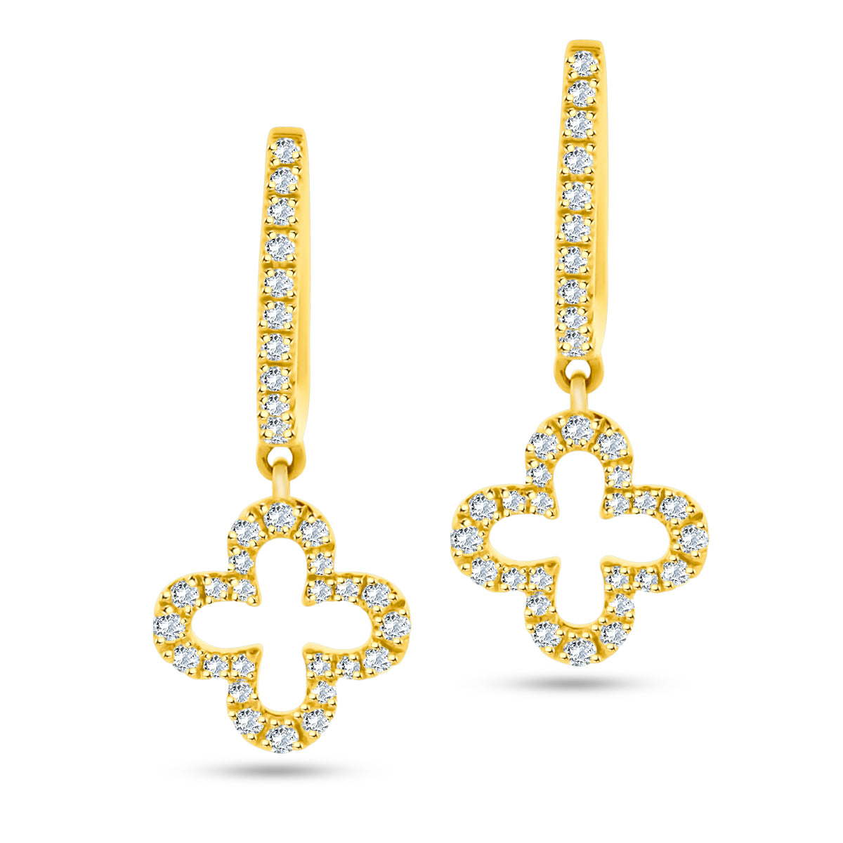 18K YELLOW GOLD DIAMOND CLOVER DANGLE EARRINGS