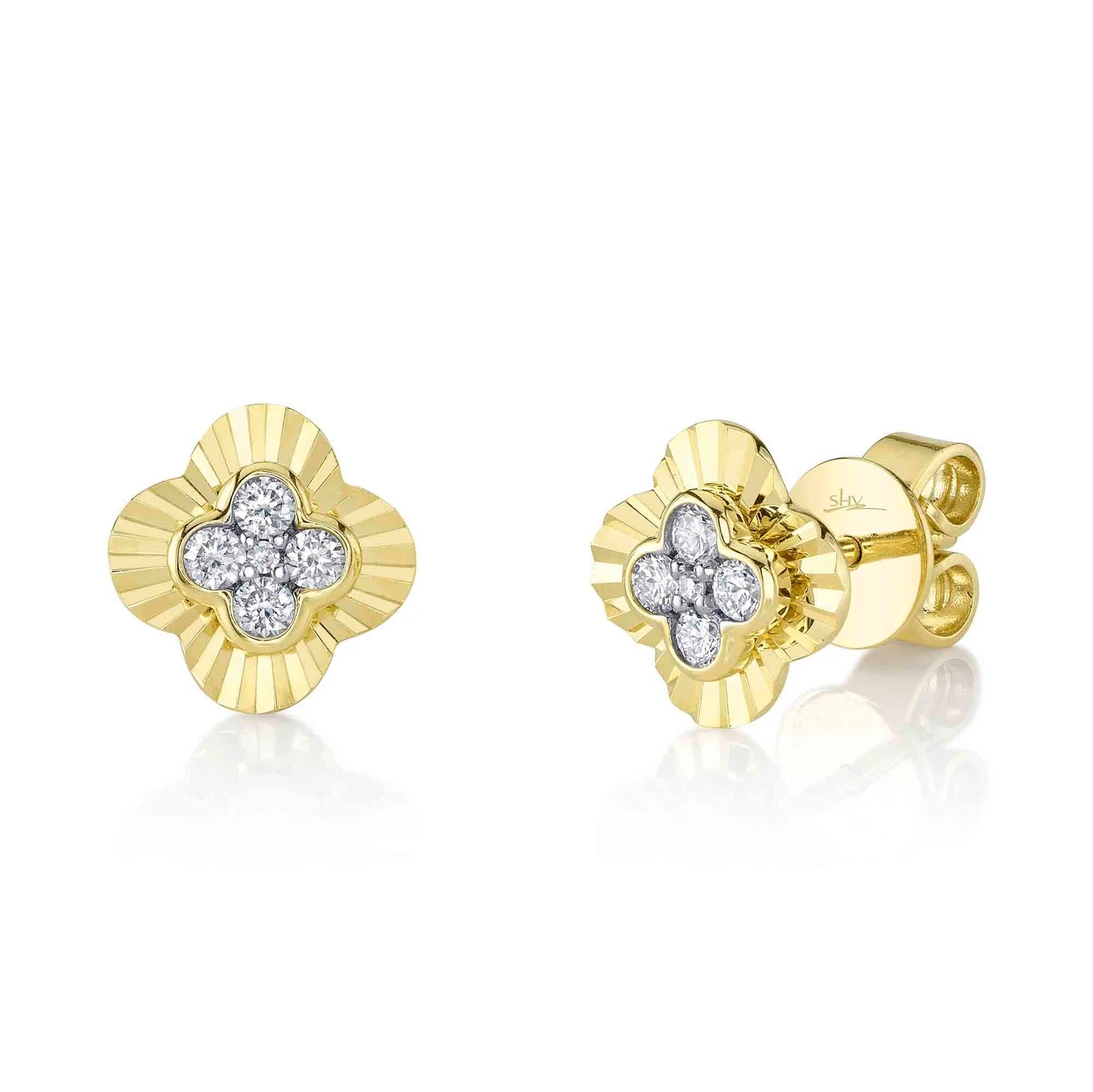 14K YELLOW GOLD DIAMOND CLOVER STUD EARRINGS