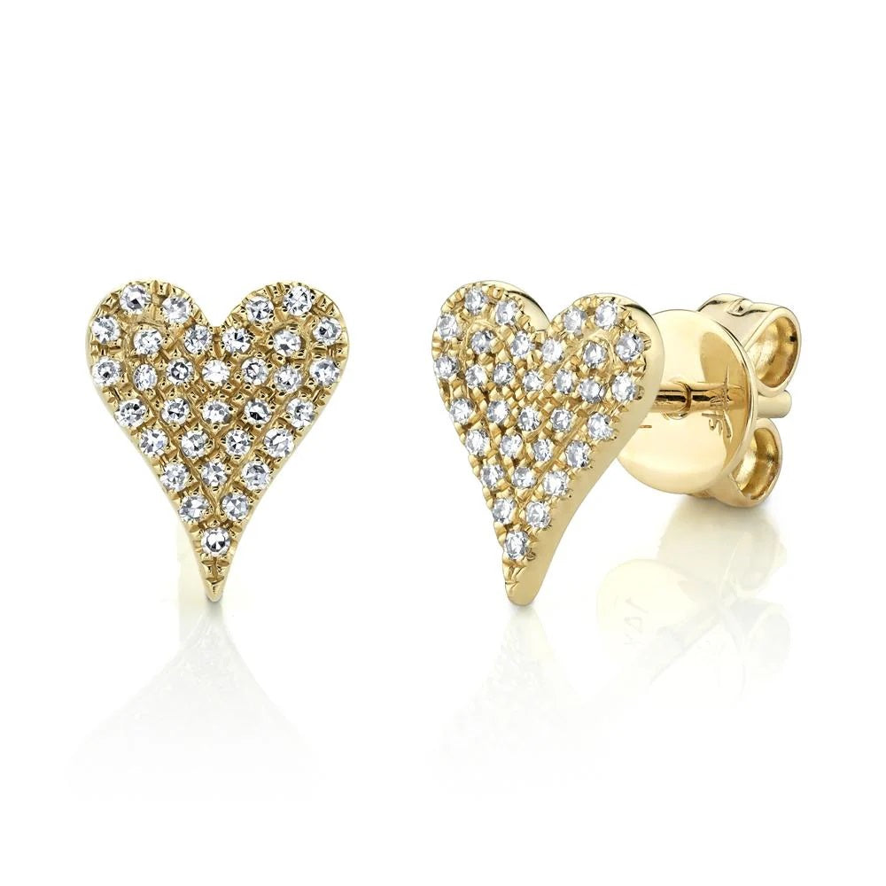 14K YELLOW GOLD DIAMOND PAVE HEART STUDS