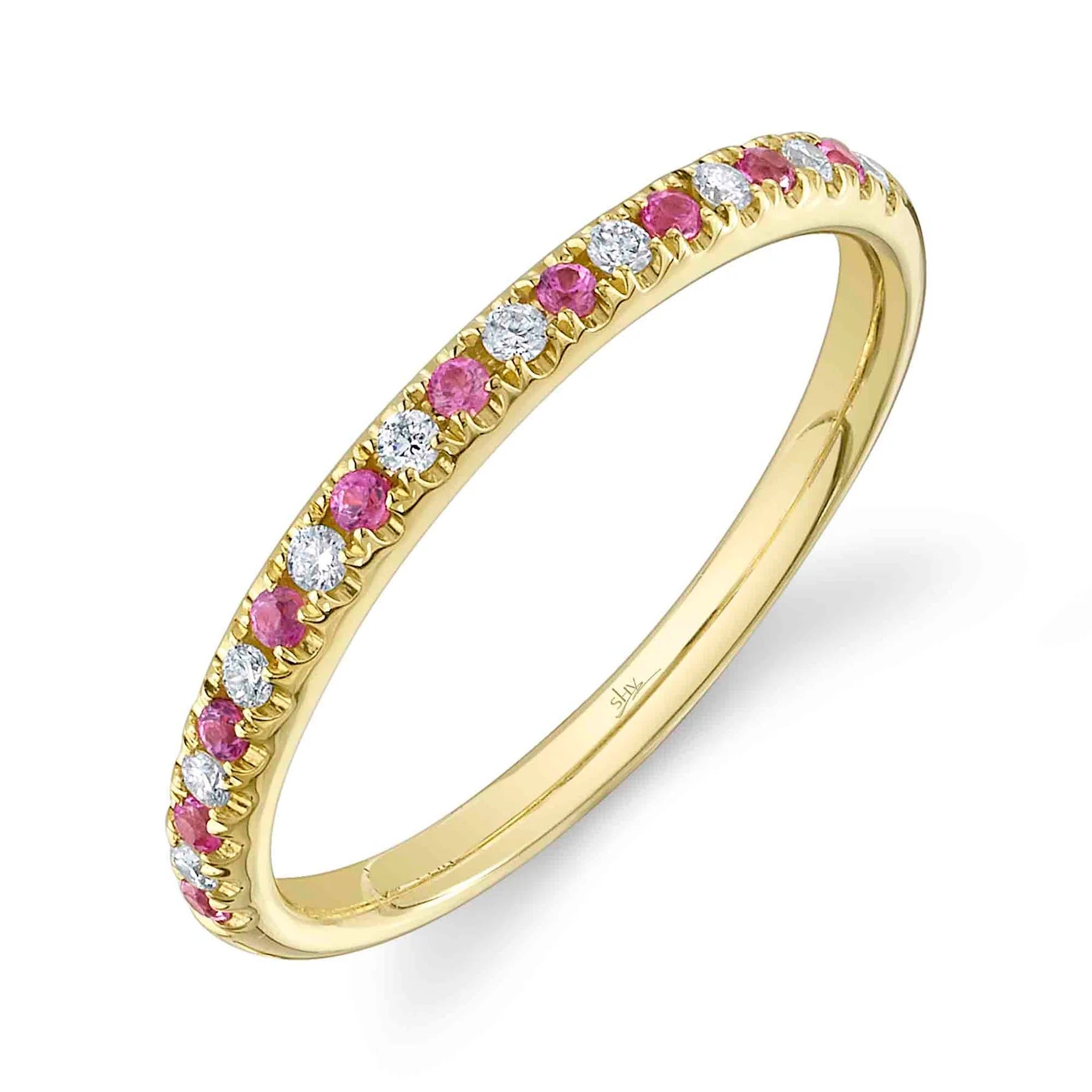 14K YELLOW GOLD PINK SAPPHIRE AND DIAMOND BAND