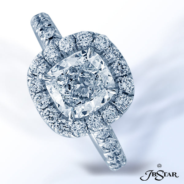 JB STAR STUNNING CUSHION-CUT DIAMOND ENGAGEMENT RING IN A MICRO PAVE HALO SETTING. PLATINUMCENTER: