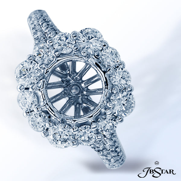 JB STAR PLATINUM DIAMOND SEMI-MOUNT HANDCRAFTED WITH A HALO OF ROUND DIAMONDS IN SHARED-PRONG SETTIN