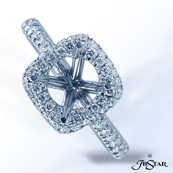 JB STAR PAVE DIAMOND SEMI-MOUNT HANDCRAFTED WITH A CUSHION MICRO PAVE HALO SETTING. PLATINUMDIAMON