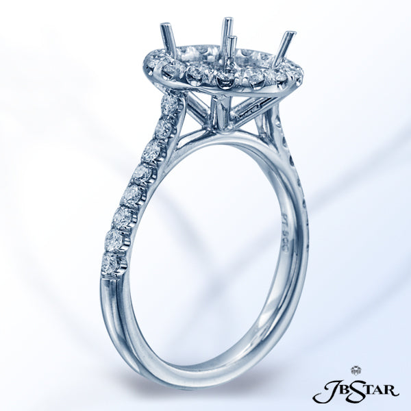 JB STAR DIAMOND AND PLATINUM SEMI-MOUNT DELICATELY HANDCRAFTED WITH A ROUND DIAMOND PAVE HALO SETTIN