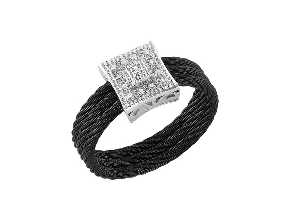 Alor Black cable with 18 karat White Gold, 0.07 total carat weight Diamonds and stainless steel. Imported.