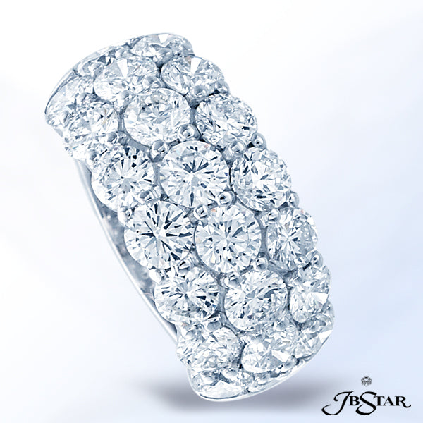 JB STAR THIS STUNNING PLATINUM BAND FEATURES 3 ROWS OF INDIVIDUALLY SELECTED ROUND DIAMONDS IN A SHA