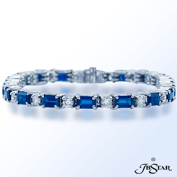 JB STAR SAPPHIRE AND DIAMOND BRACELET HANDCRAFTED WITH 20 BLUE SAPPHIRE BAGUETTES ALTERNATED WITH 20