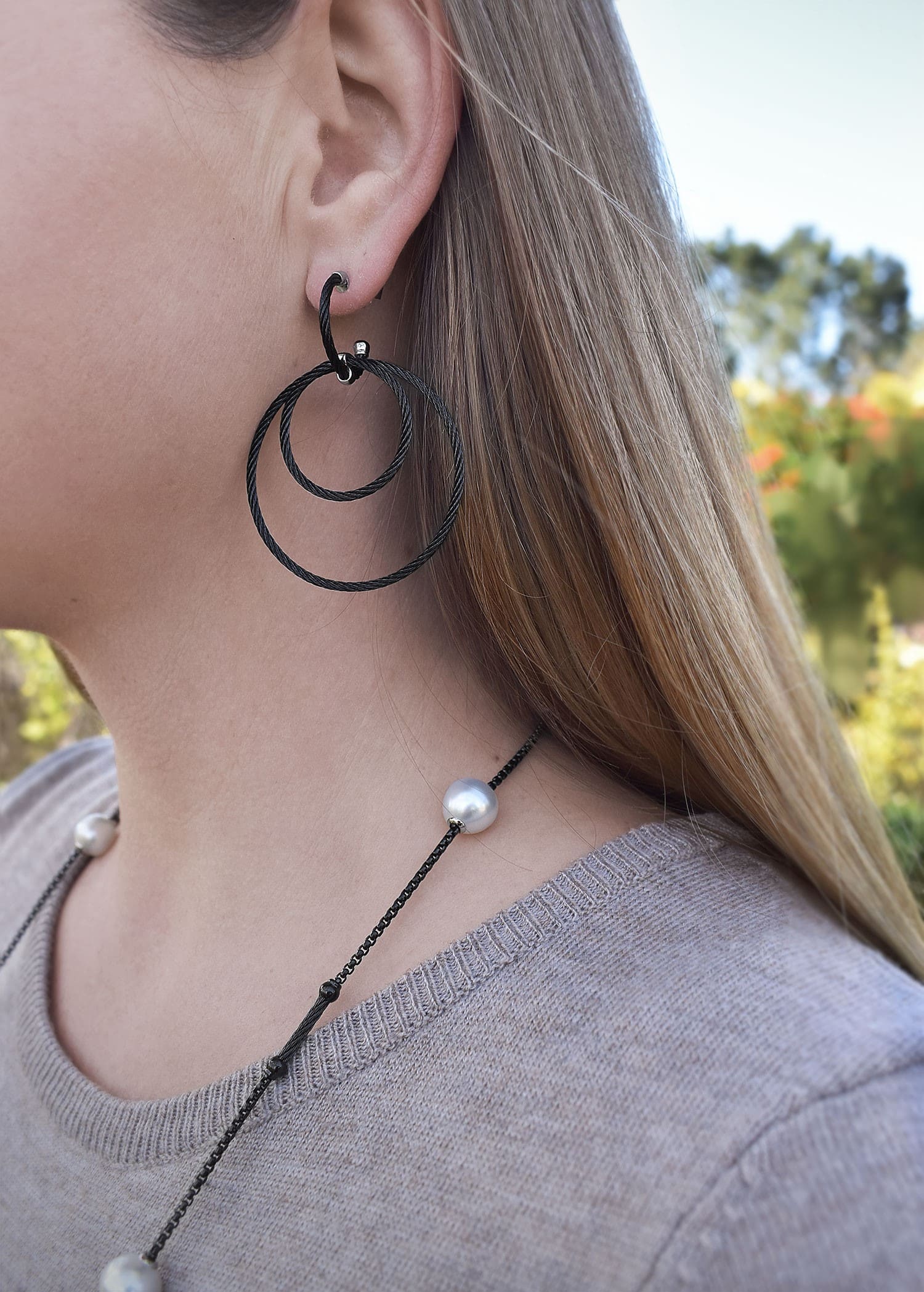 Black Cable Triple Hoop Drop Earrings