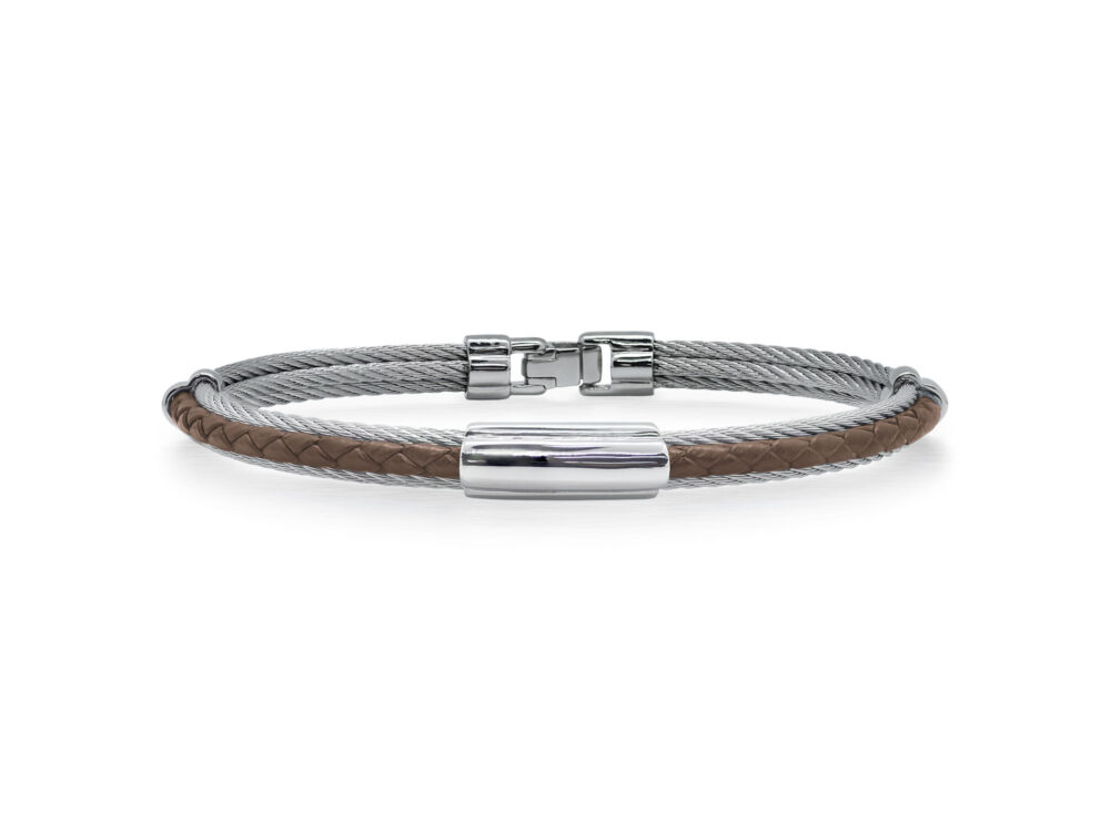 Mens Grey Cable & Brown Leather Bracelet with Slim Steel Station