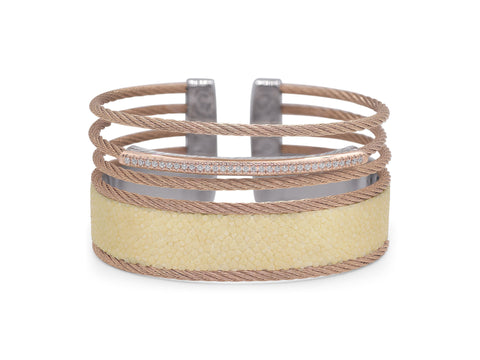 Rose Cable Stacked Wide Open Cuff with White Stingray and 18K Gold & Diamonds