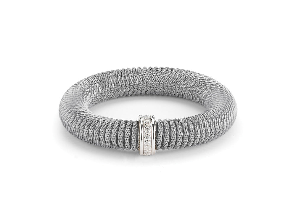 Alor Grey cable, 18 karat White Gold, 0.12 total carat weight Diamonds with stainless steel. Imported.