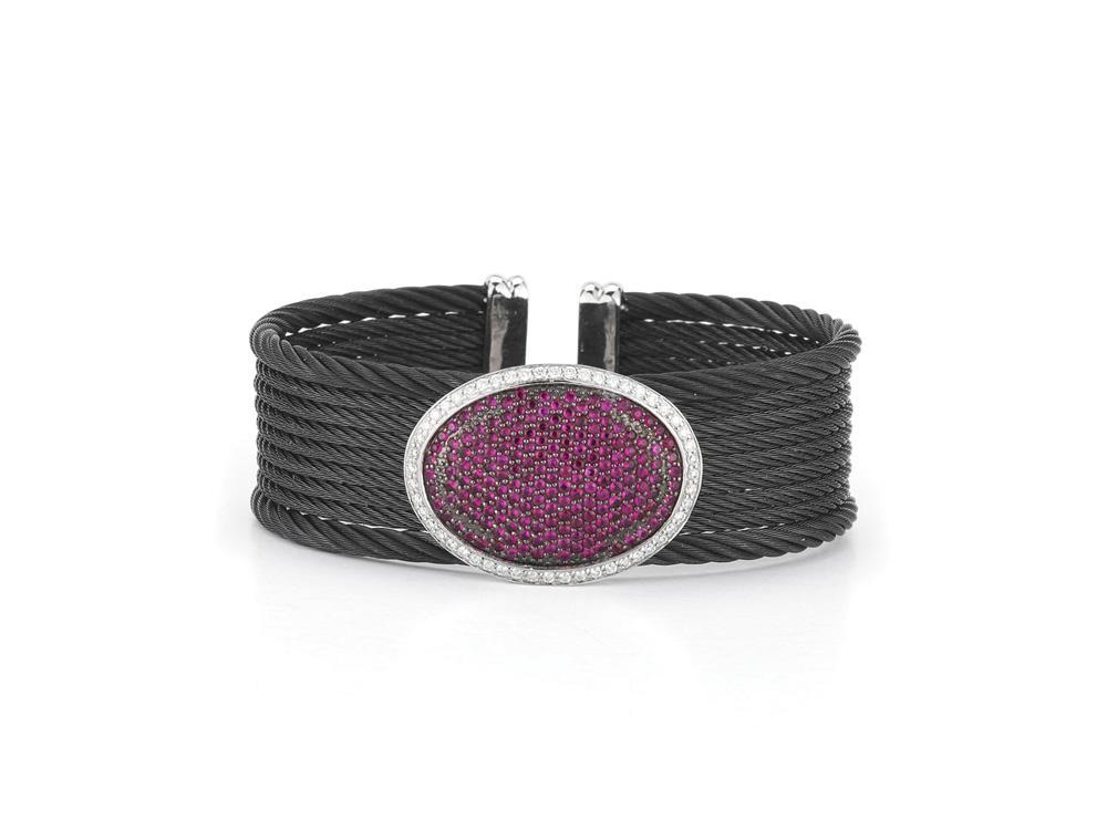 Alor Black cable, 18 karat White Gold, 0.43ct. Diamonds and 1.83ct. Ruby and stainless steel. Imported.