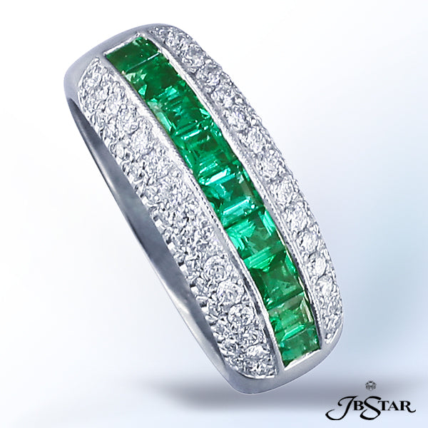 JB STAR PLATINUM EMERALD & DIAMOND BANDDIAMONDS: 0.46 CT. TW. (ROUND)EMERALDS: 0.74 CT. TW. (PRI