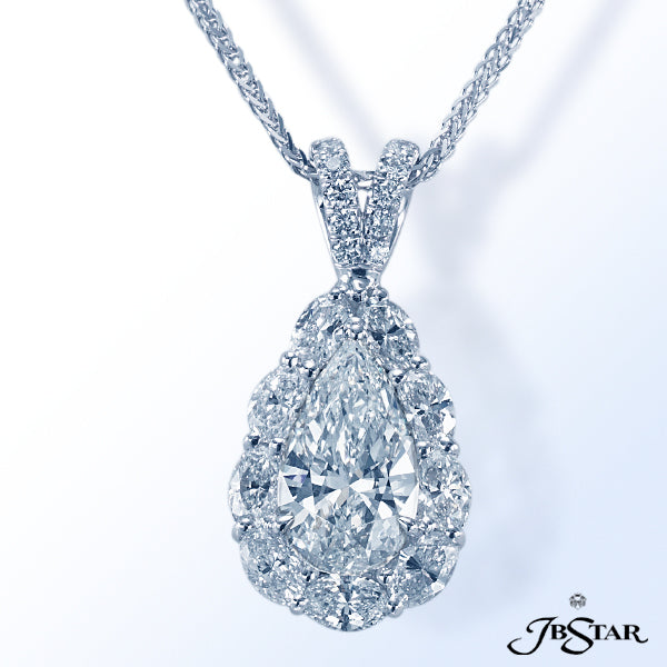 JB STAR STUNNING PLATINUM DIAMOND PENDANT HANDCRAFTED WITH A 3.03 PEAR SHAPE DIAMOND SURROUNDED BY C