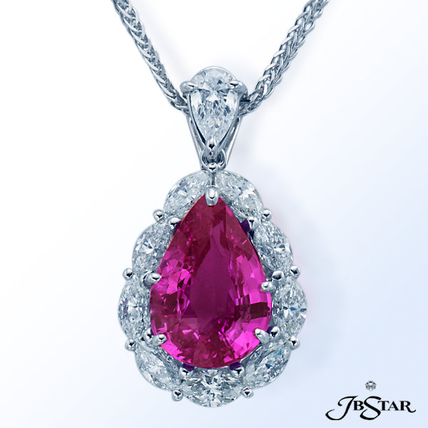 JB STAR PINK SAPPHIRE AND DIAMOND PLATINUM PENDANT FEATURING A STUNNING 4.42 CT GIA CERTIFIED PEAR S