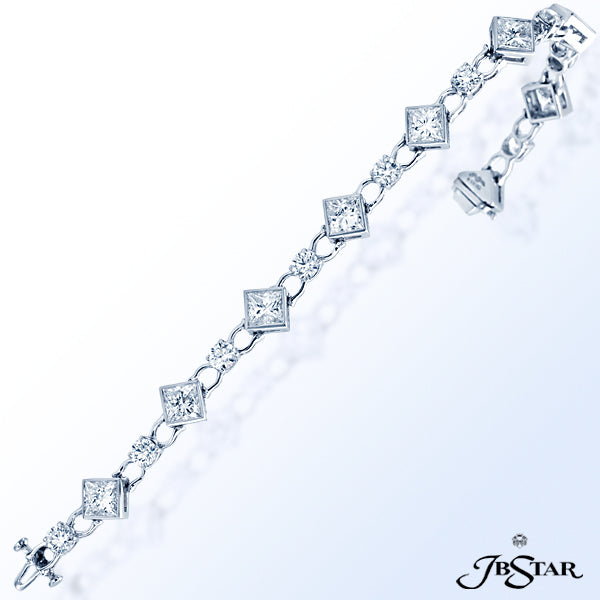 JB STAR UNIQUE, HANDCRAFTED PLATINUM DIAMOND BRACELET WITH 9 GIA CERTIFIED PRINCESS DIAMONDS IN BEZE