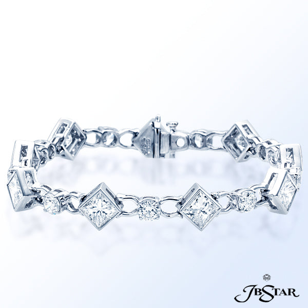 JB STAR UNIQUE, HANDCRAFTED PLATINUM DIAMOND BRACELET WITH 9 GIA CERTIFIED PRINCESS DIAMONDS IN BEZE