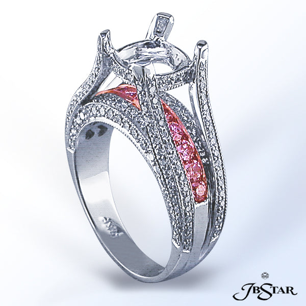 JB STAR THE LOVELY ROW OF PINK DIAMONDS IN THIS BEAUTIFUL SEMI-MOUNT ENGAGEMENT RING CREATES A UNIQU