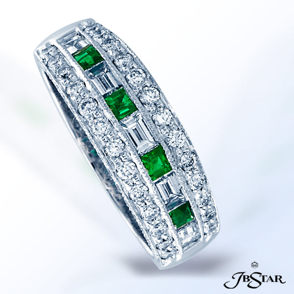 JB STAR EXQUISITELY CRAFTED WEDDING BAND FEATURING 4 SQUARE EMERALD-CUT EMERALDS AND 5 SQUARE BAGUET