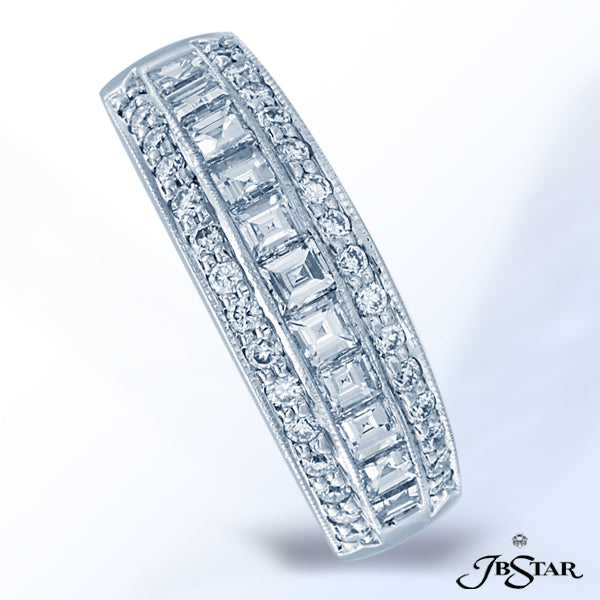 JB STAR PLATINUM DIAMOND BAND HANDCRAFTED WITH PERFECTLY MATCHED SQUARE EMERALD DIAMONDS SET IN A CE