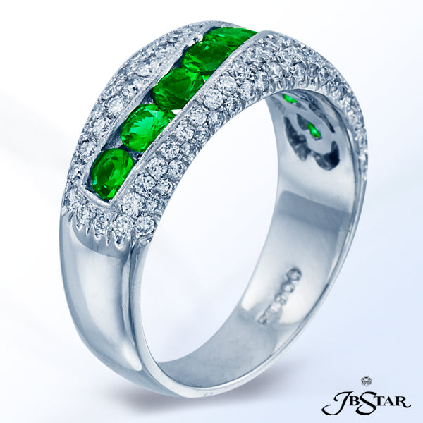 JB STAR HANDCRAFTED STUNNING BAND FEATURING 9 ROUND EMERALDS EMBRACED WITH MICRO PAVE. PLATINUM.DI