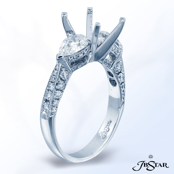 JB STAR PLATINUM DIAMOND SEMI-MOUNT HANDCRAFTED WITH 2 SPLENDID PEAR SHAPE DIAMONDS AND 3-SIDED PAVE