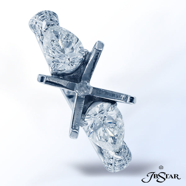 JB STAR PLATINUM DIAMOND SEMI-MOUNT HANDCRAFTED WITH 2 SPLENDID PEAR SHAPE DIAMONDS AND 3-SIDED PAVE