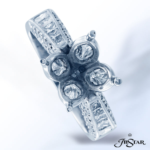 JB STAR PLATINUM DIAMOND SEMI-MOUNT UNIQUELY DESIGNED WITH 4 MARQUISE DIAMONDS EMBRACING THE PRONG S