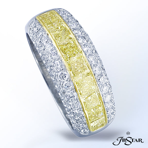 JB STAR PLATINUM AND 18KY DIAMOND BAND BEAUTIFULLY HANDCRAFTED WITH 9 NATURAL FANCY YELLOW PRINCESS